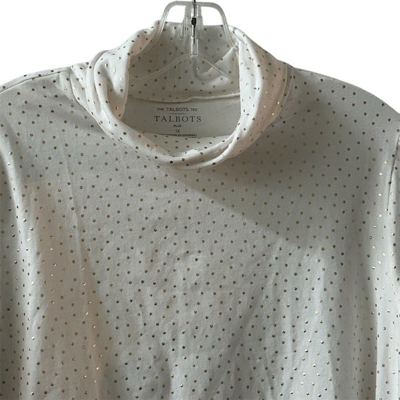 Talbots Women's Plus 1X Turtleneck Tee White Gold Polka Dot Long Sleeve - Picture 2 of 9